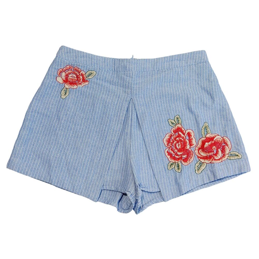JOA Los Angeles Embroidered Rose Shorts Skort Cotton Blue White Striped Womens S